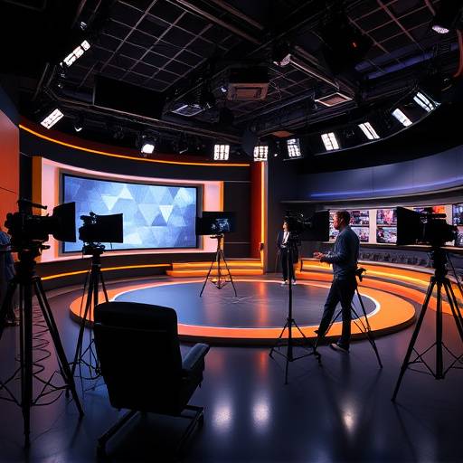 Imagen del interior de un estudio de televisión profesionalmente iluminado y preparado para una grabación.